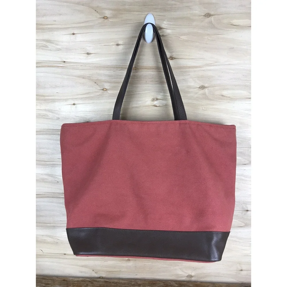 Restoration Hardware Large Canvas Tote Heavy Bag Leather Handles Zip Coral